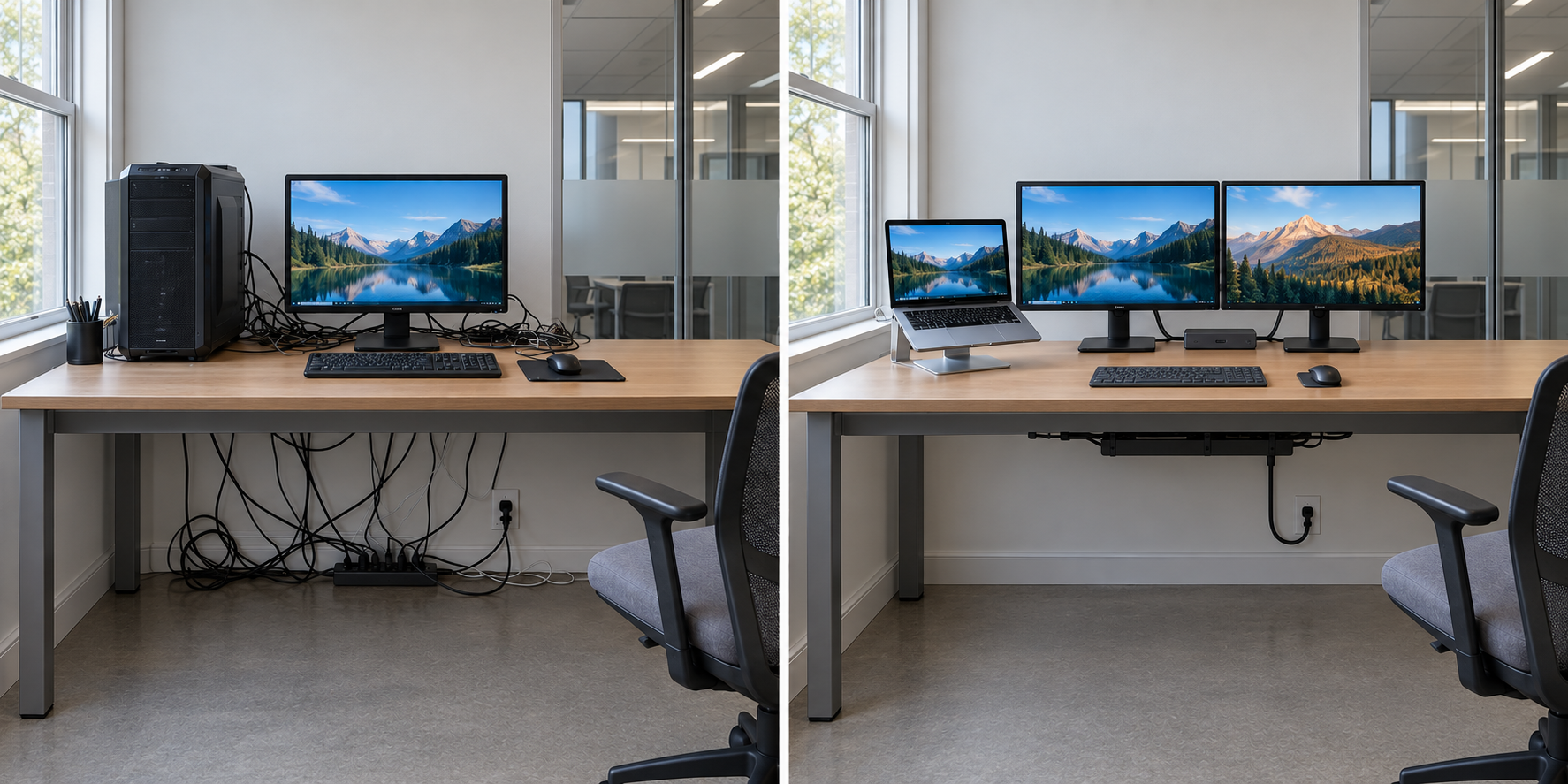 Illustration d’un bureau d’entreprise avant et après : tour et câbles emmêlés à gauche ; portable, deux écrans et station d’accueil à droite. La prise murale reste visible et branchée dans les deux vues, avec les câbles rangés sous le bureau après organisation.